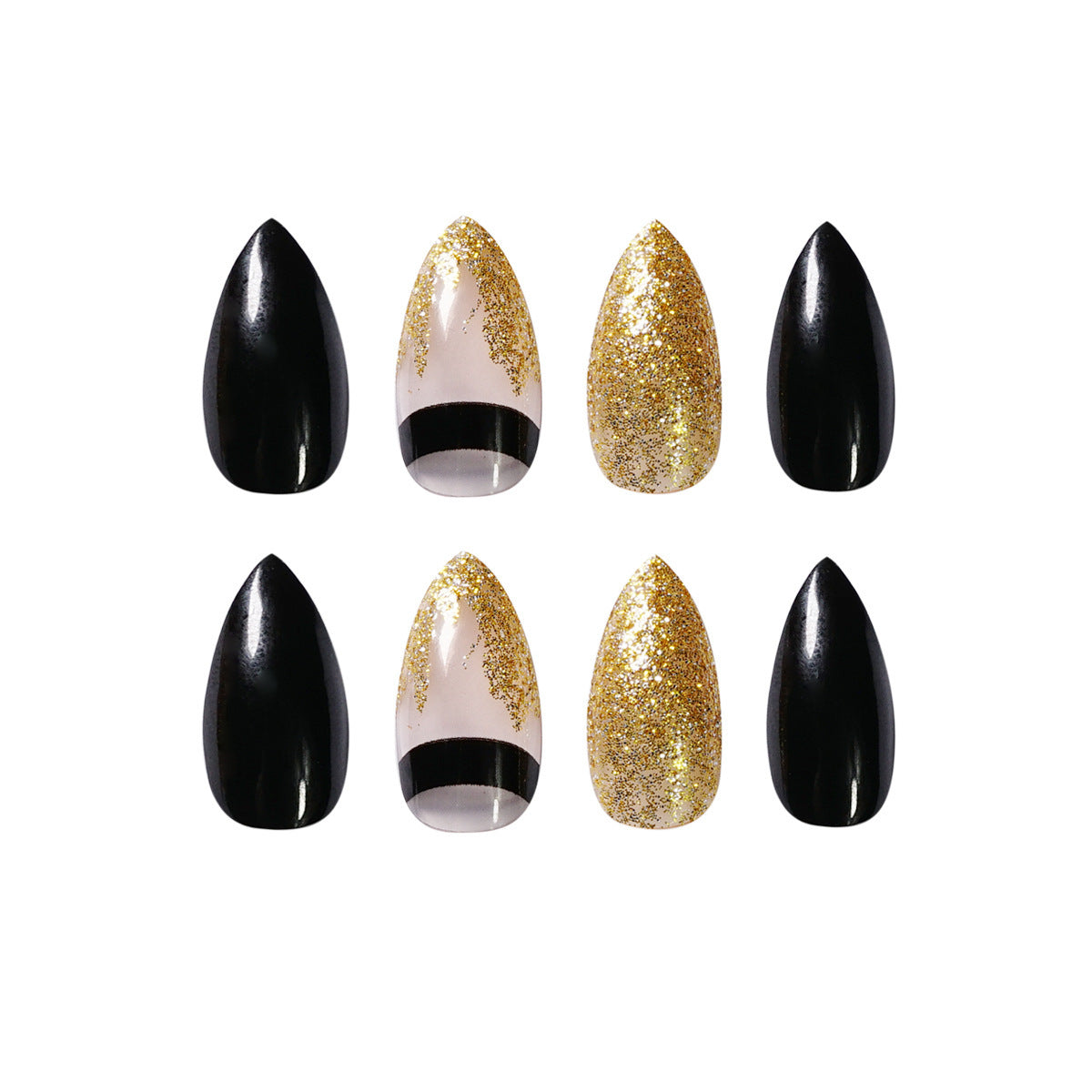 Black Gold Glitter Pointed Wear Nail Art Finished