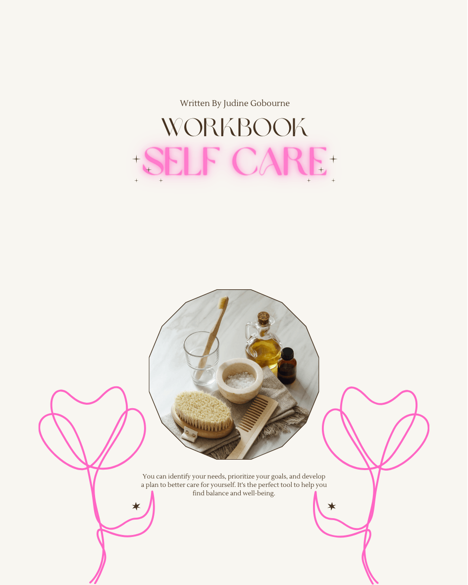 Self-care workbook cover with bath salts and brushes