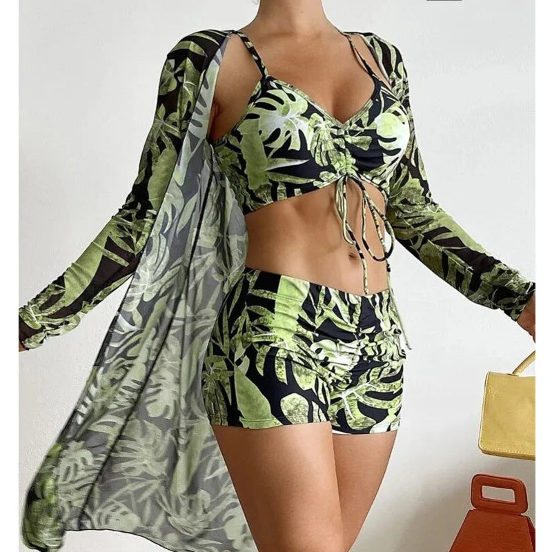 Summer Print Sexy Bikinis Swimwear 2024 Female Swimsuit Beachwear Push Up Three-Piece Bikini Set Women Swimming Bathing Suit