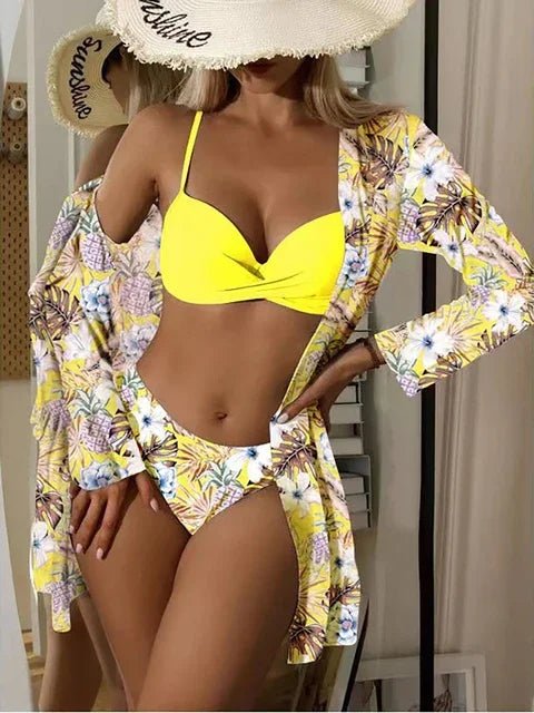 2024 New Floral 3 Pieces Bikini Set Cover Up Swimsuit Women Bikinis Long Sleeve Swimwear Beach Wear Female Bathing Suits