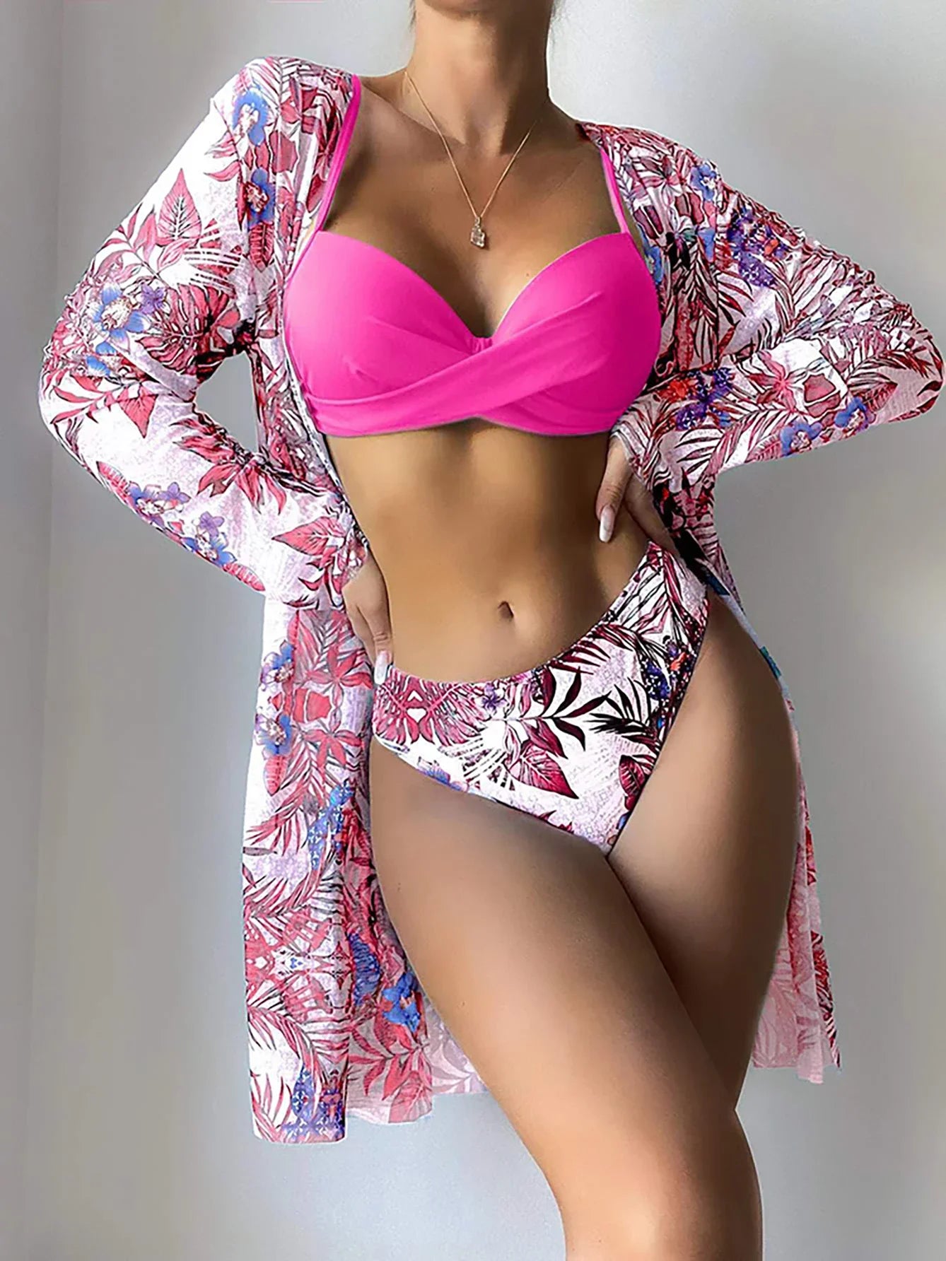 2024 New Floral 3 Pieces Bikini Set Cover Up Swimsuit Women Bikinis Long Sleeve Swimwear Beach Wear Female Bathing Suits