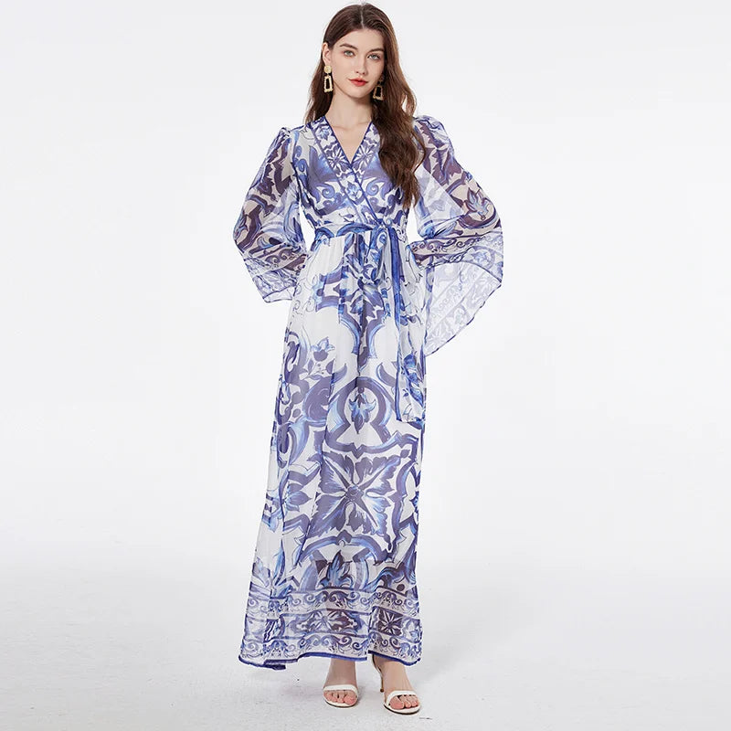 JAMERARY fashion runway blue white porcelain floral maxi dress for women summer autumn long sleeve flower printing dresses lady