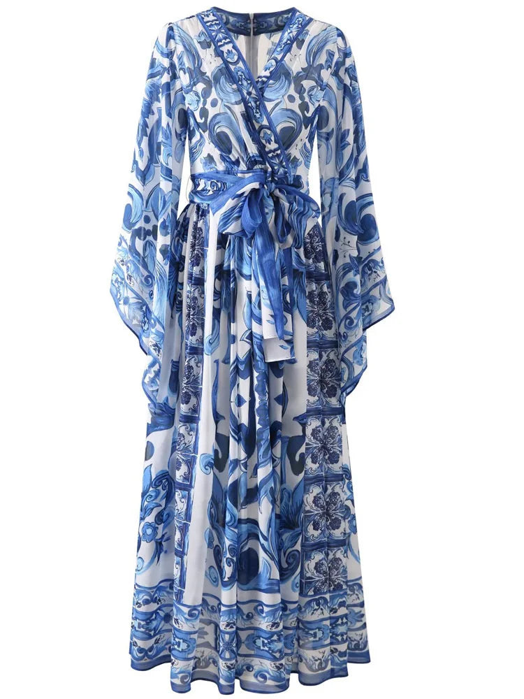 JAMERARY fashion runway blue white porcelain floral maxi dress for women summer autumn long sleeve flower printing dresses lady