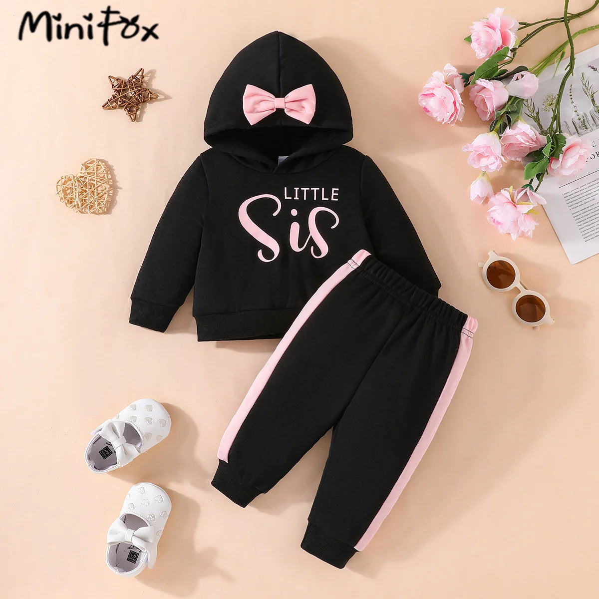 MiniFox Little Sister Baby Girl Clothes Sets Bowknot Hoodies Pullover Top and Pants Spring Fall Kids Girls Outfits Sets