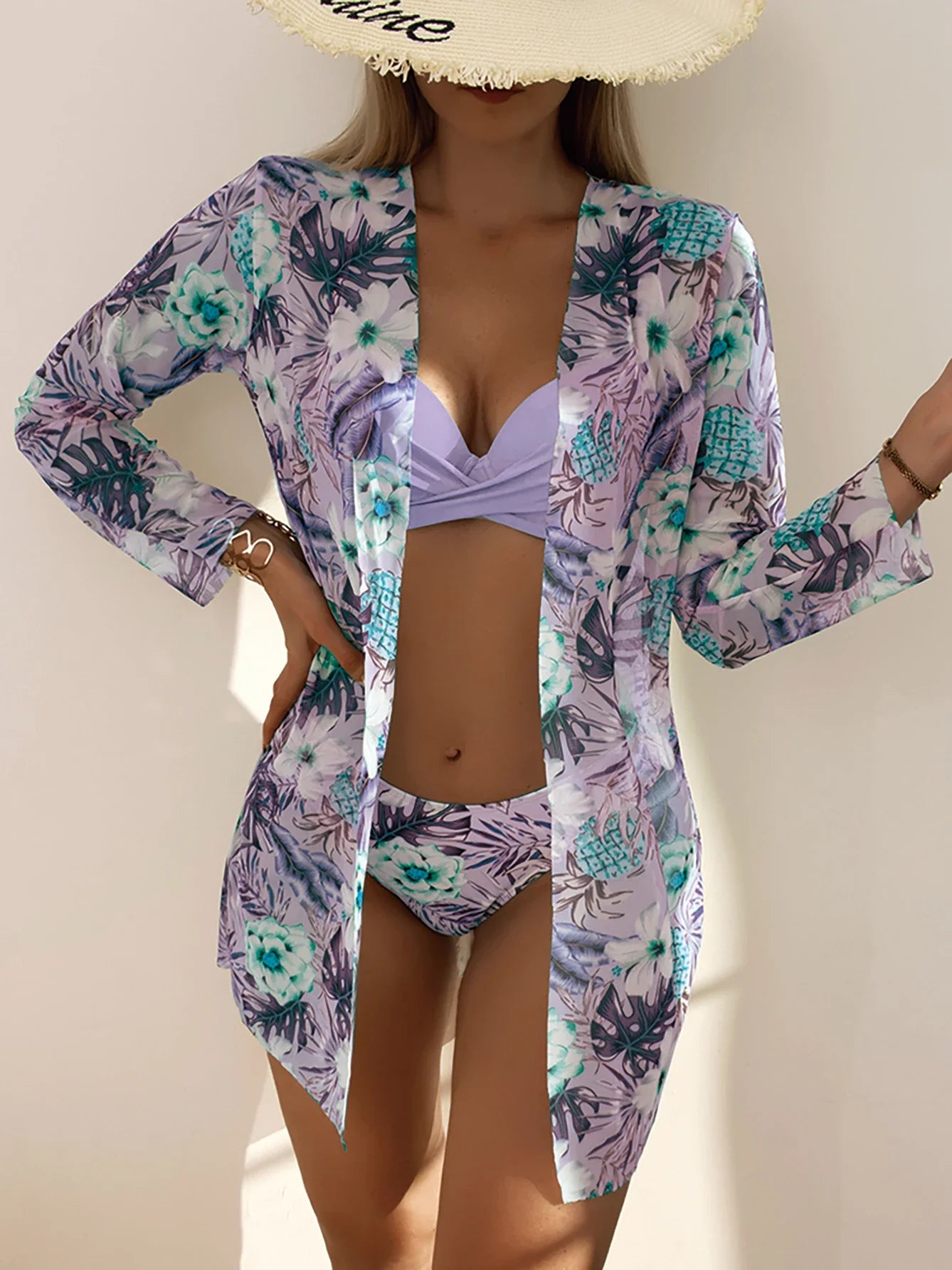 2024 New Floral 3 Pieces Bikini Set Cover Up Swimsuit Women Bikinis Long Sleeve Swimwear Beach Wear Female Bathing Suits