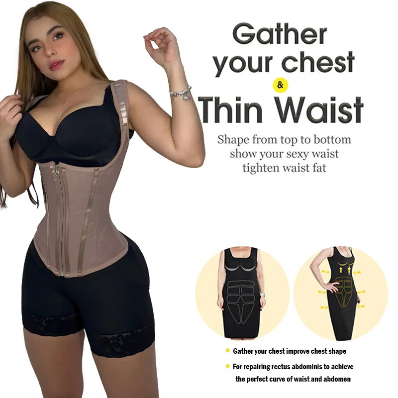 Fajas Colombians Girdles With Row Buckle and Zipper For Women Sexy Shaping Curve Abdomen Control Double Bodysuit Waist Trainer