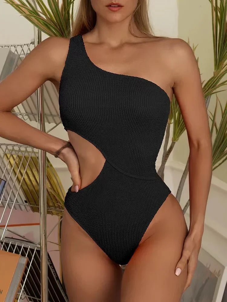 2024 New One Shoulder Women's Swimsuit One Piece Cut Out Sexy Swimwear Women Textured Monokini Solid Bathing Suit Beach Wear