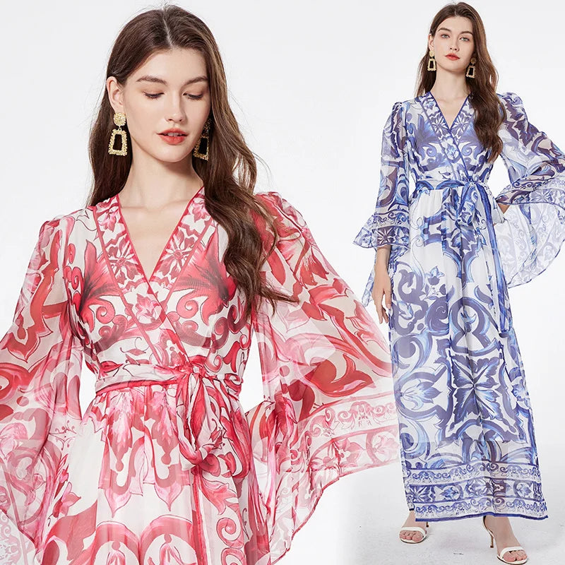 JAMERARY fashion runway blue white porcelain floral maxi dress for women summer autumn long sleeve flower printing dresses lady