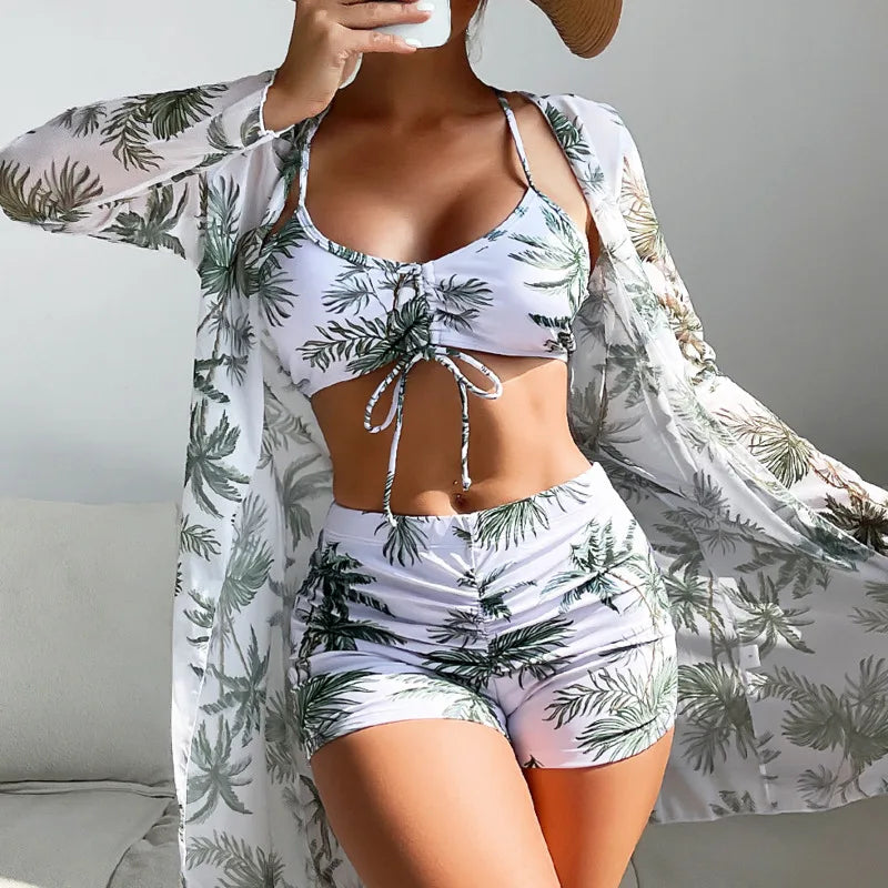 Summer Print Sexy Bikinis Swimwear 2024 Female Swimsuit Beachwear Push Up Three-Piece Bikini Set Women Swimming Bathing Suit