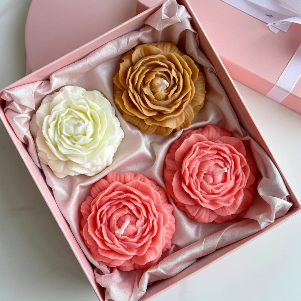 Set of floral-shaped candles in pink, white, cream, and brown in a pink gift box